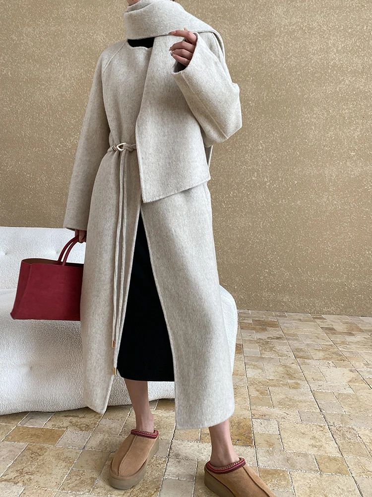 Gray With Scarf Big Size Long Woolen Coat New O-neck Long Sleeve Women Jacket Fashion Tide Autumn Winter