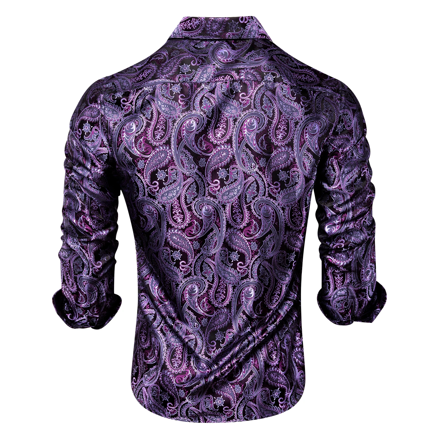 Dark Purple Men Shirt Fashion Silk Long Sleeve Lapel Slim Fit Paisley Jacquard Male Shirt With Brooch Business Party Gift Hi-Tie