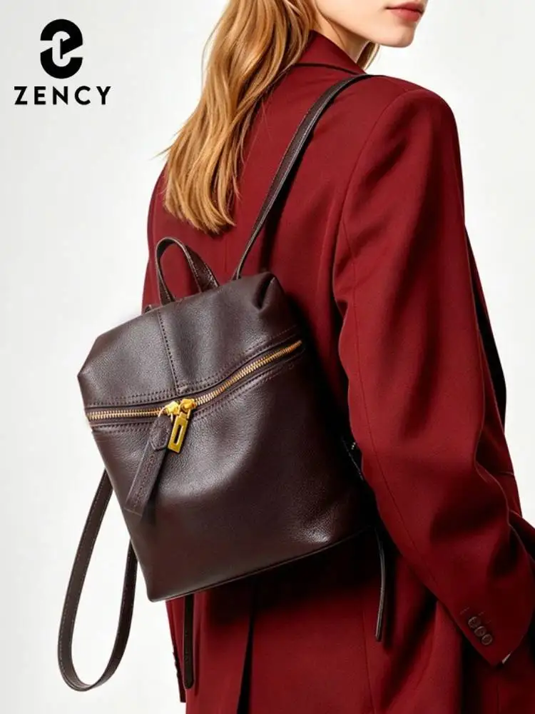 Zency Vintage Classic Bag Women's Genuine Leather Backpack Large Capacity for Commute Travel Work with Back Zip Pocket