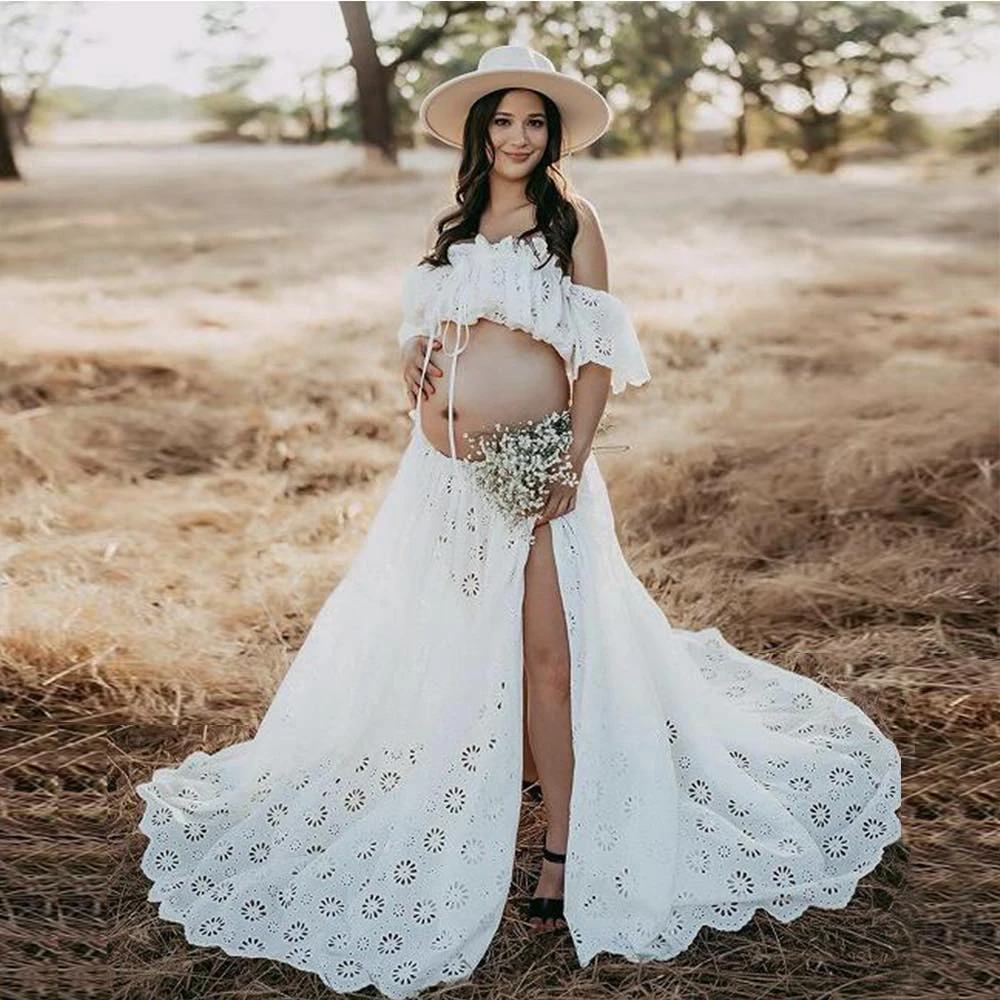 Plus Size Maternity Dresses Photoshoot White Off Shoulder Hollow Embroidery Cotton Comfort-Fit Pregnancy Dress Baby Shower Beach