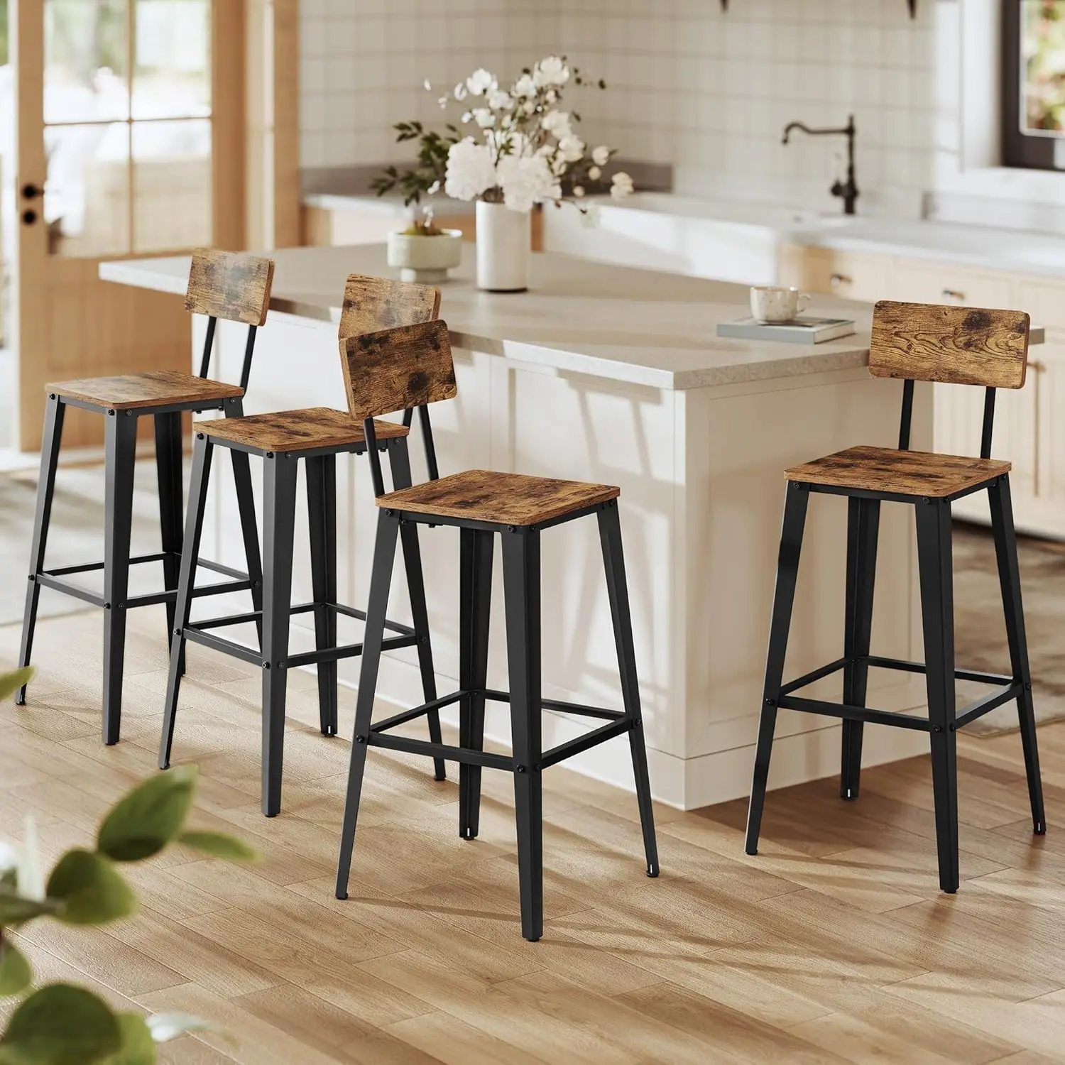4 Bar Stools, 29.1' Tall, Industrial Style, Steel Frame, Rustic Brown & Ink Black, Easy Assembly