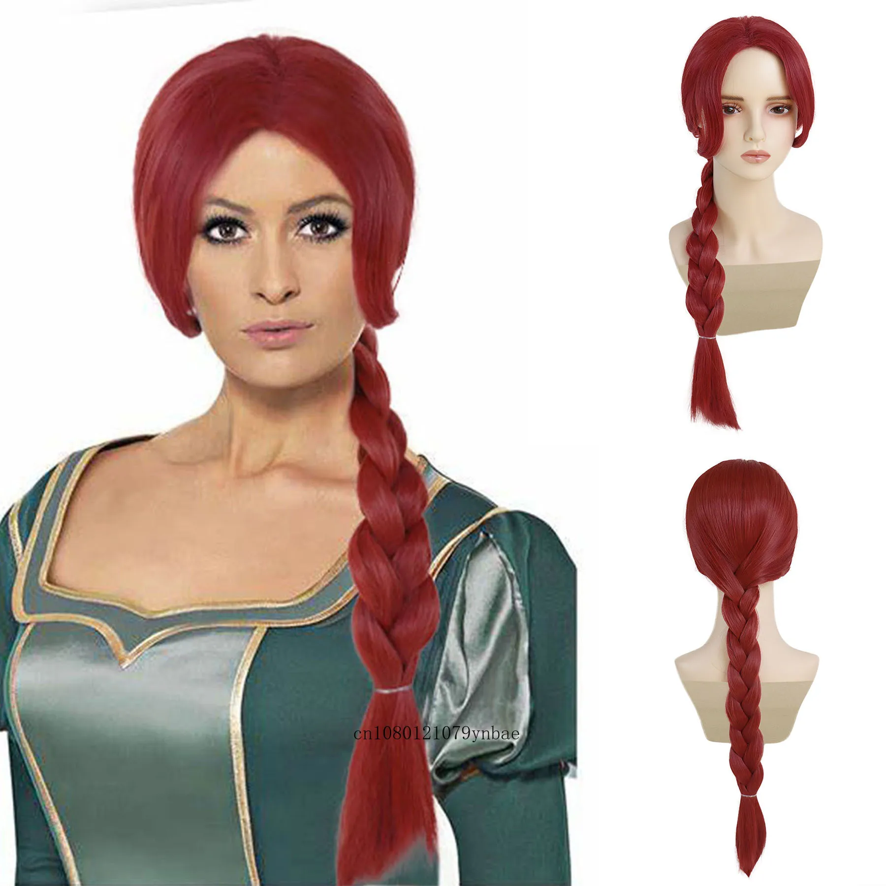 Women Girls Princess Wigs Synthetic Hair Red 29 Inch Long Straight Wig With Braids Daily Cosplay Party Halloween Costume Wigs