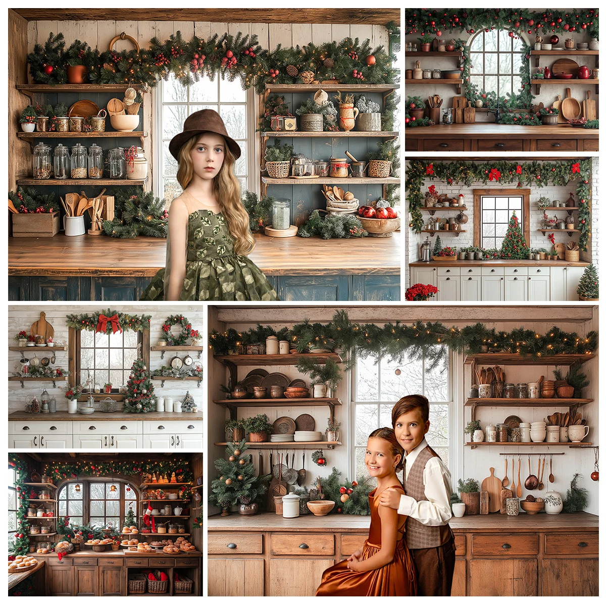 クリスマス キッチン 素朴なキャビネット 棚 窓 背景幕 フォトコール 子供 赤ちゃん 室内 クリスマス クラシック背景