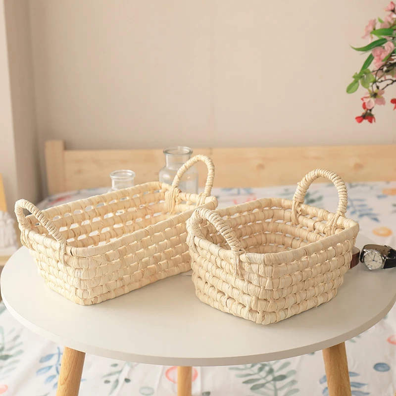 Handmade Straw Storage Basket Corn Husk Fruit Sundries Organizer Plant Box Straw Flower Pot With Handle