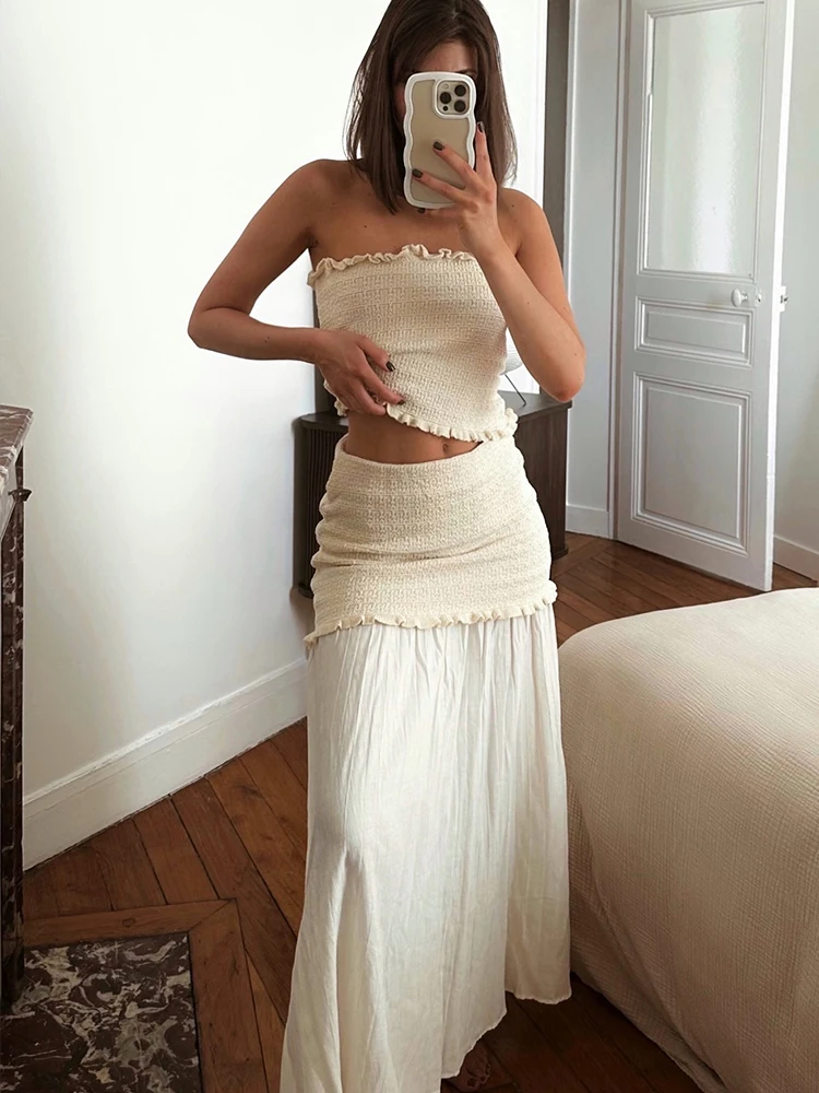 HH Women Summer Sexy Laminated Decoration Single-breasted Knitted Short-sleeved Top+Temperament High Street Long Skirt Suit