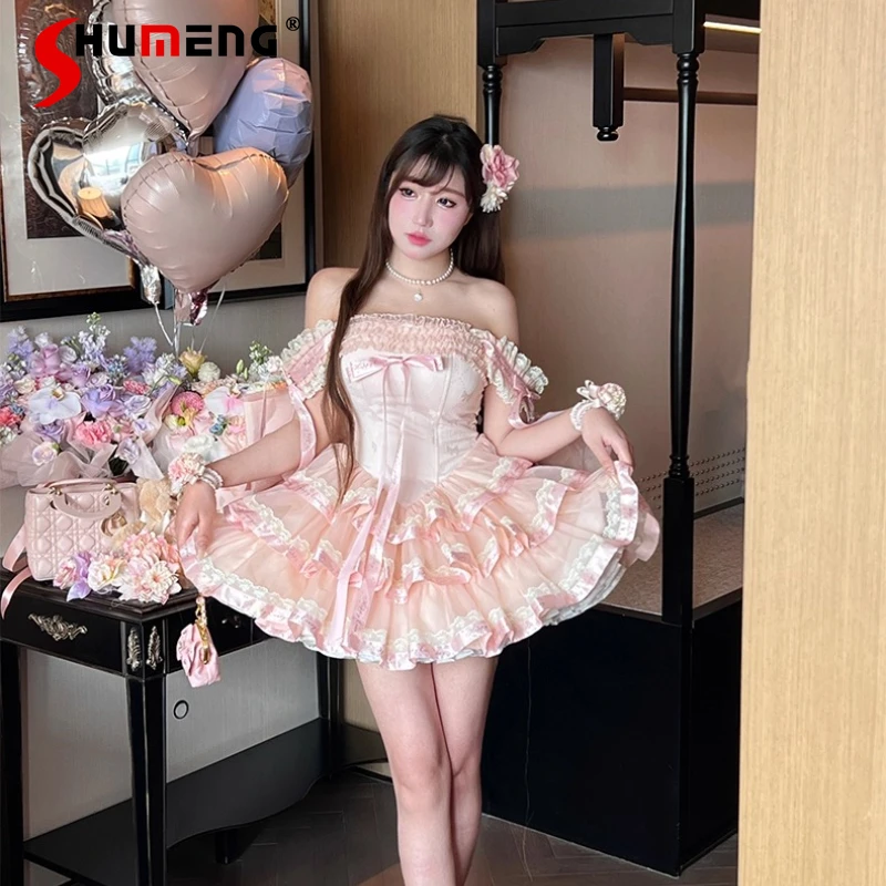 

French Elegant Sweet Princess Dress Girls Women Slim Fit Cute Bow Off-Shoulder Tube Top Fairy Dress Female Lolita Puffy Dresses