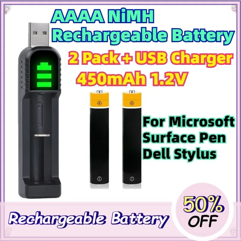 

2 Pack AAAA NiMH Rechargeable Battery 450mAh 1.2V with USB Charger for Microsoft Surface Pen Dell Stylus