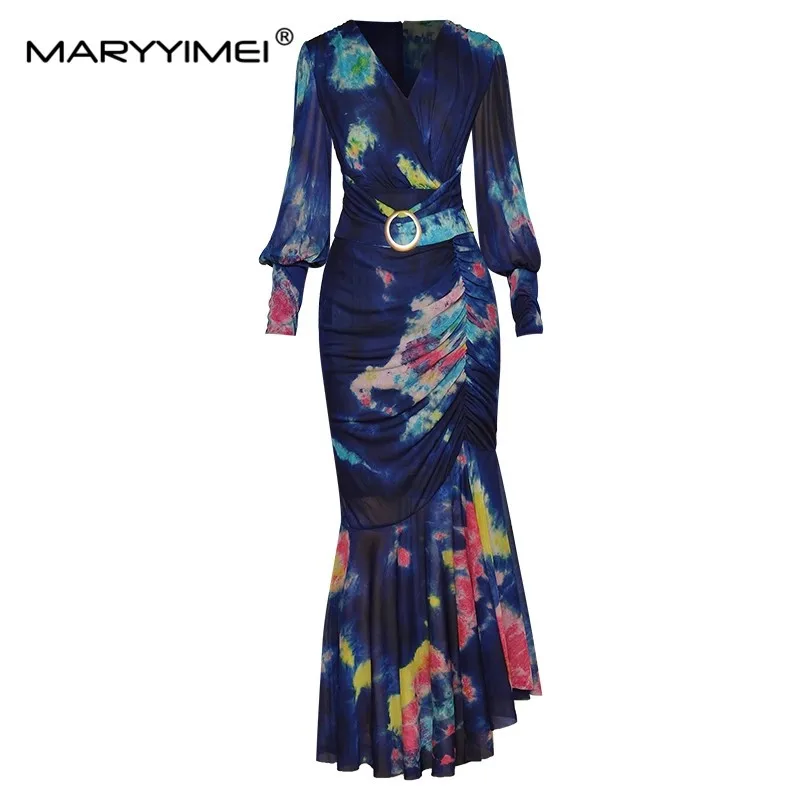 

MARYYIMEI Fashion Runway dress Autumn Women Dress V-neck Lantern sleeve Folds Tie Dye Print Slim Party Mermaid Dresses