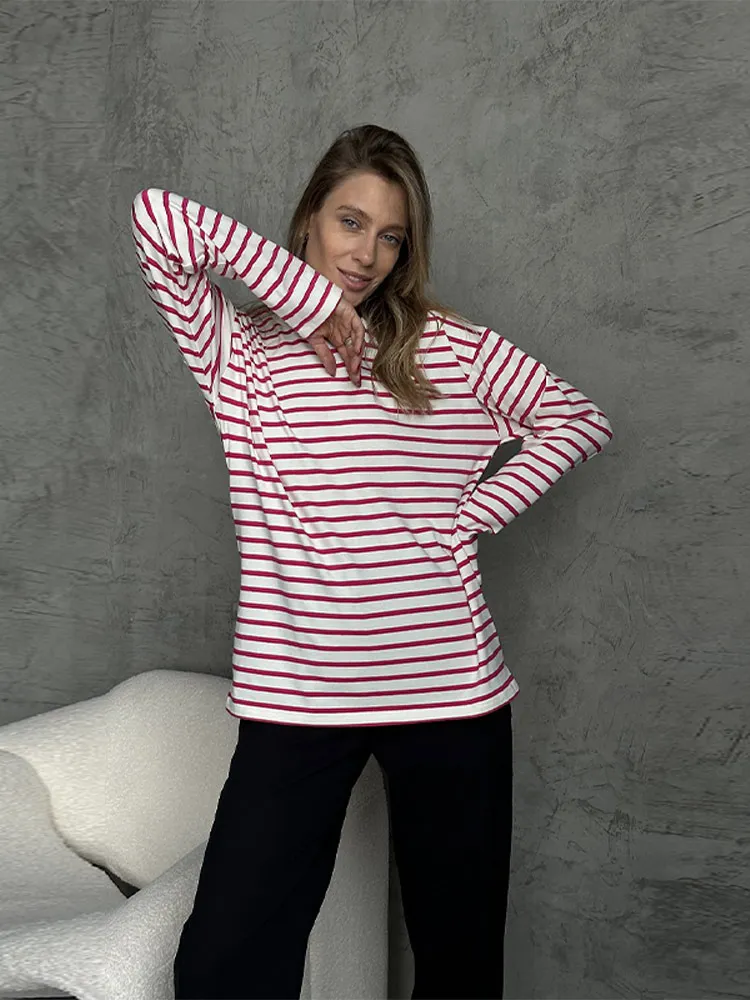 Women Striped Oversize Long Sleeve T-shirt Fashion Casual O Neck Cute Basic T-shirt Trend 2024 Versatile Cotton Pullover Tops