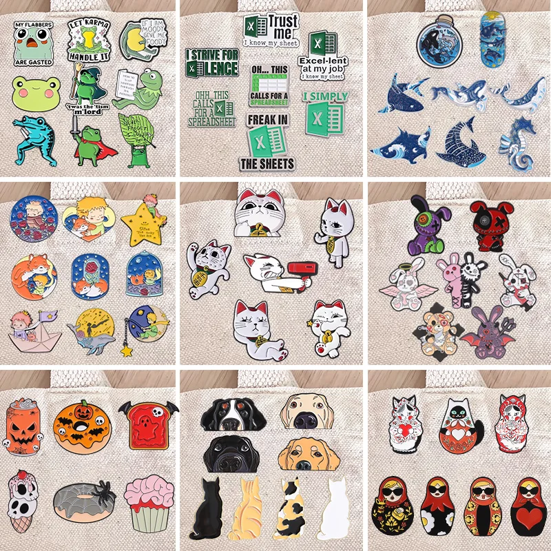 3-9pcs/set Store Bestseller Cartoon Enamel Badges Frog Shark Cat Dog Doll Halloween Meme Pins Metal Brooches Lapel Pin Set Gift
