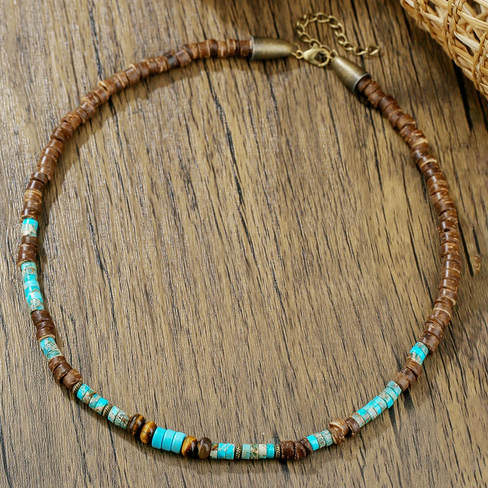 

Vintage Bohemian Summer Accessories Ethnic Style Accessories Brown Coconut Shell Wood Beads Natural Stone Necklace Men's Jewelry