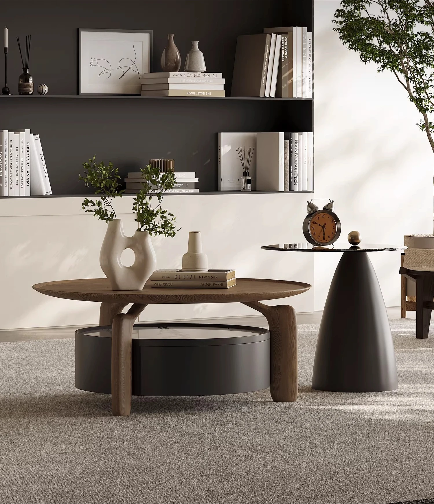 

coffee table combination round designer living room household small apartment rock slab storage walnut leather