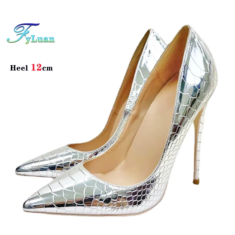 Women Pointed Toe High Heels Silver Snake Pattern Shallow Mouth Office Single Shoes 1CM 8CM 10CM 12CM Stiletto Club Party Pumps