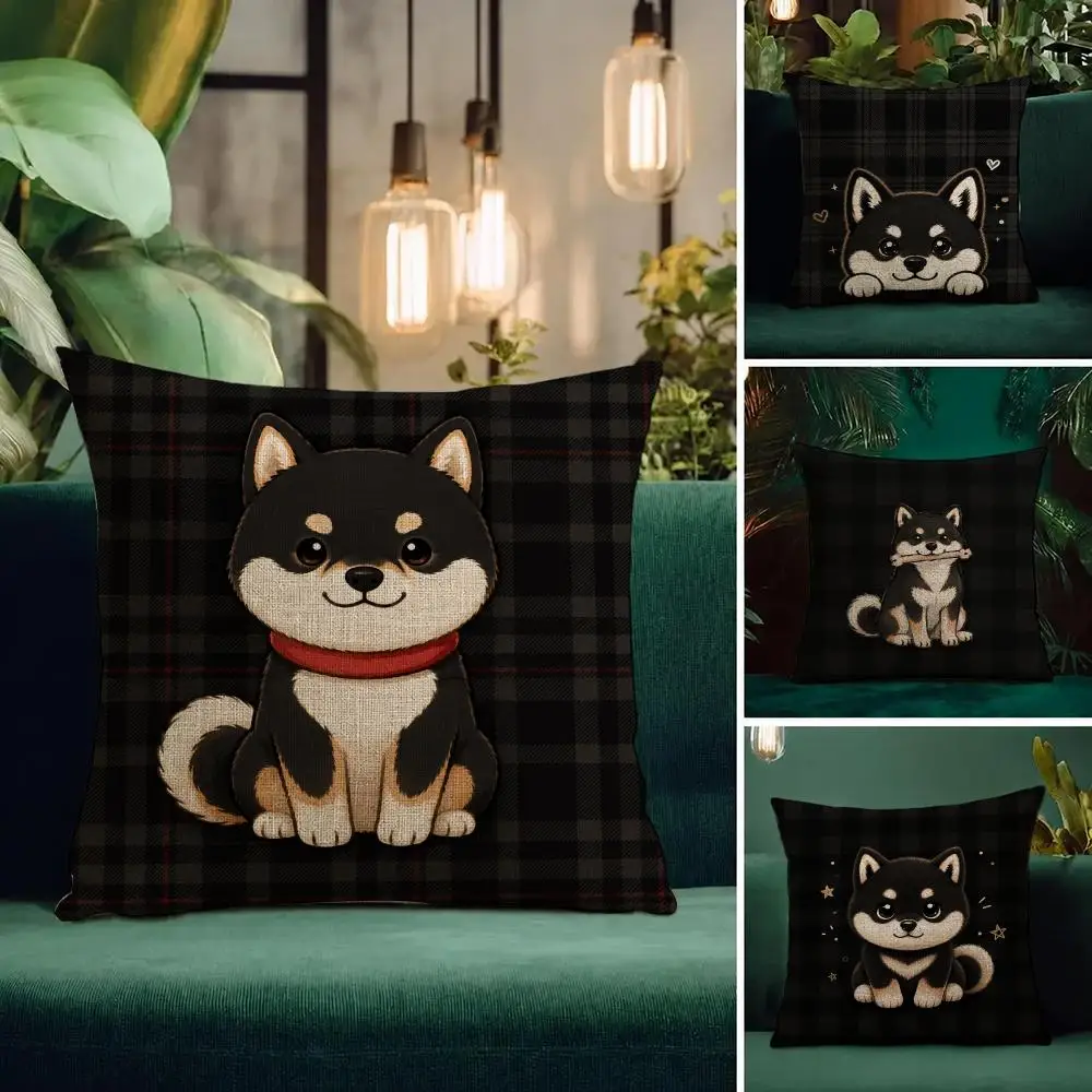 Art Shiba Inu Boy Black Dog Cushion Cover Natural Linen Pillowcase Set Cushion Cover for Sofa Bedroom Chair