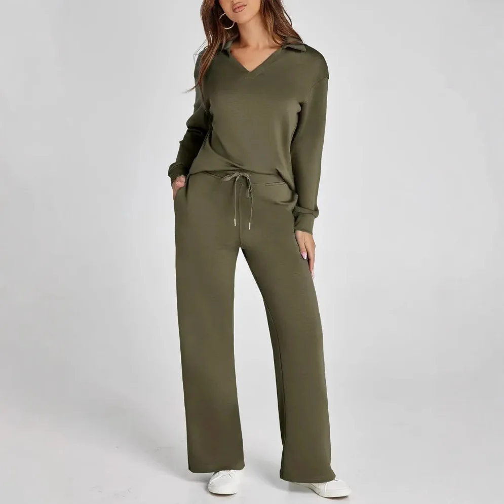 

Women's 2 Piece Outfits Casual Loose V-Neck Top & Drawstring Sweatshirts and Wide Leg Pants Tracksuit Sets