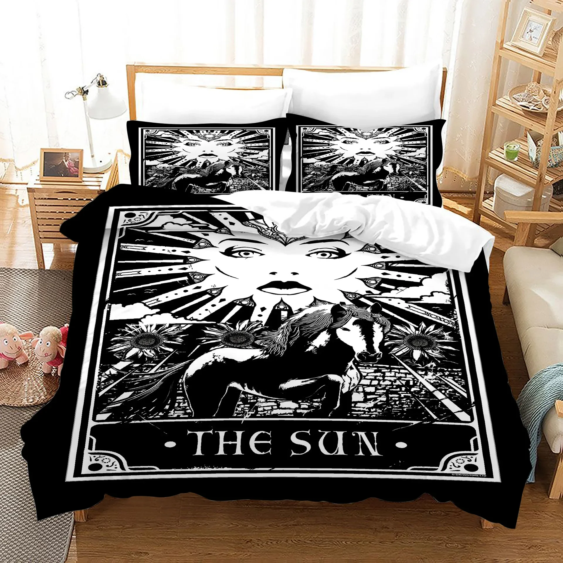 

Tarot Cards Polyester Duvet Cover Set King Size Sun Black White Witch Wicca Fortune Telling Element for Boys Girl Bedding Set