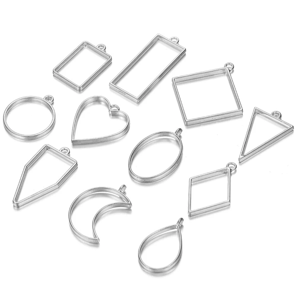 10Pcs Geometric Heart Hollow Glue Blank Pendant Tray Bezel Charms for DIY Epoxy Resin Bracelet Necklace Pendants Jewelry Making