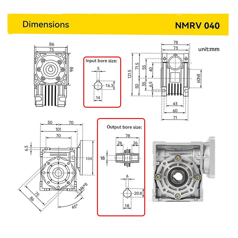 NMRV040 Worm Gear Gearbox for 6RK Optical Axis Motor, Input Flange 104X104 Axis 14mm Key 5mm. Metal Gearheads Worm Gear Reducer