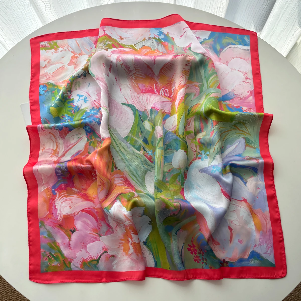 2026 Summer Women Silk Imitation Scarf Elegant Satin Floral Neckerchief Foulard Square Hairbands Female Scarves Shawls Wraps