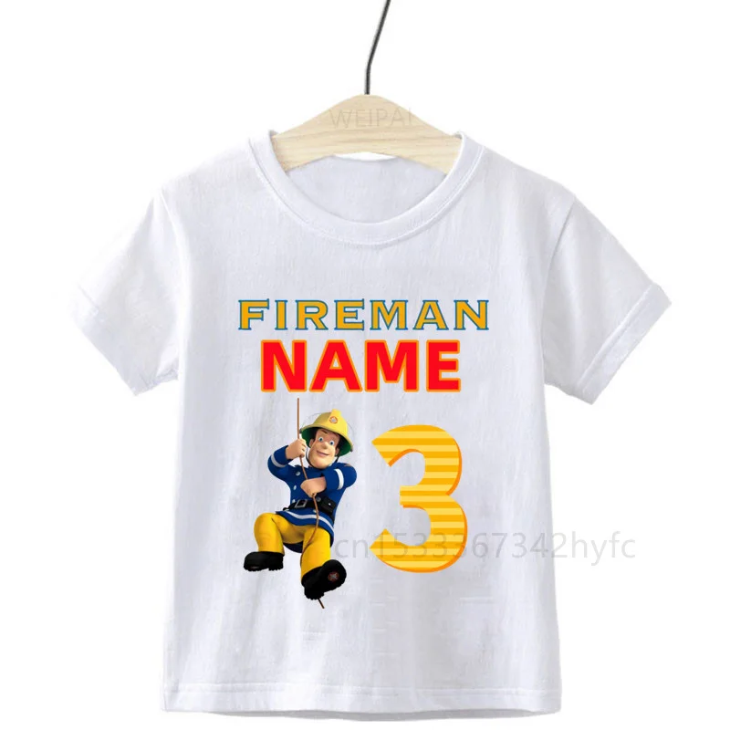 Kids Custom Name Fireman Sam Number 1-9 Birthday Printed T-Shirt Children Birthday Tops Boy T-Shirt Gift Please Note The Name