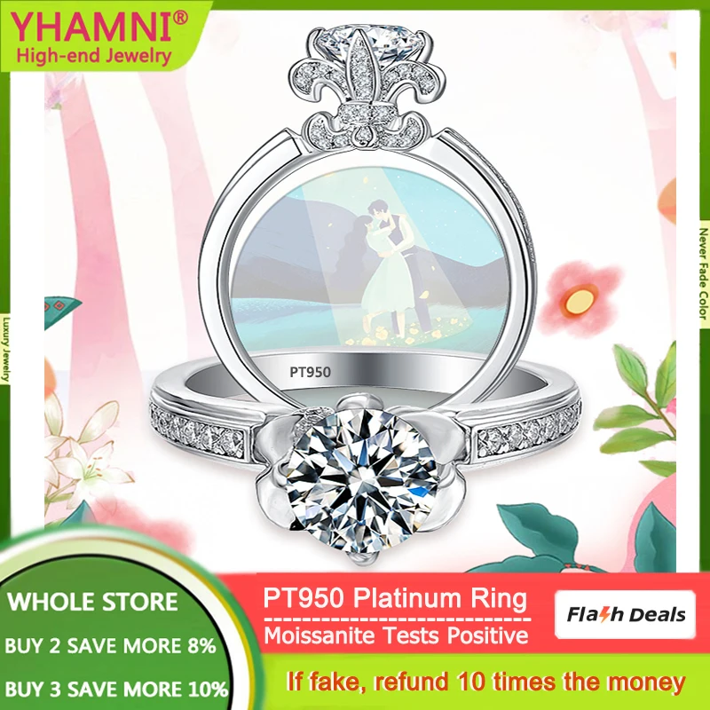 Real PT950 Platinum Rings for Women Brilliant Cut VVS Diamond Moissanite Ring Iris Flower Party Cocktail Jewelry Wedding Band