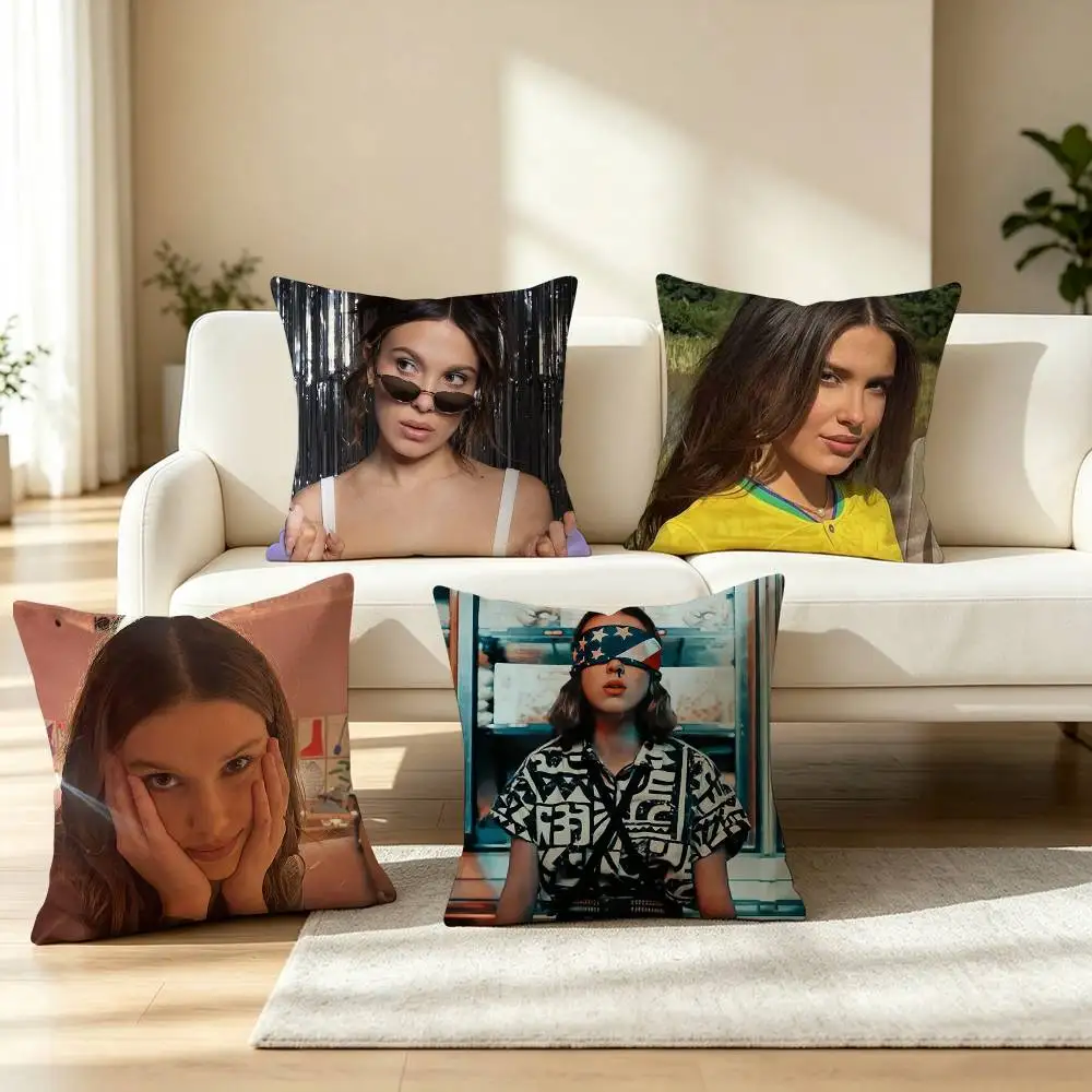 R-Retro Movie Star Millie Bobby Brown  Pillow Case Square Double-Sided Sofa Cushion Cover Bedroom Bedside Pillow