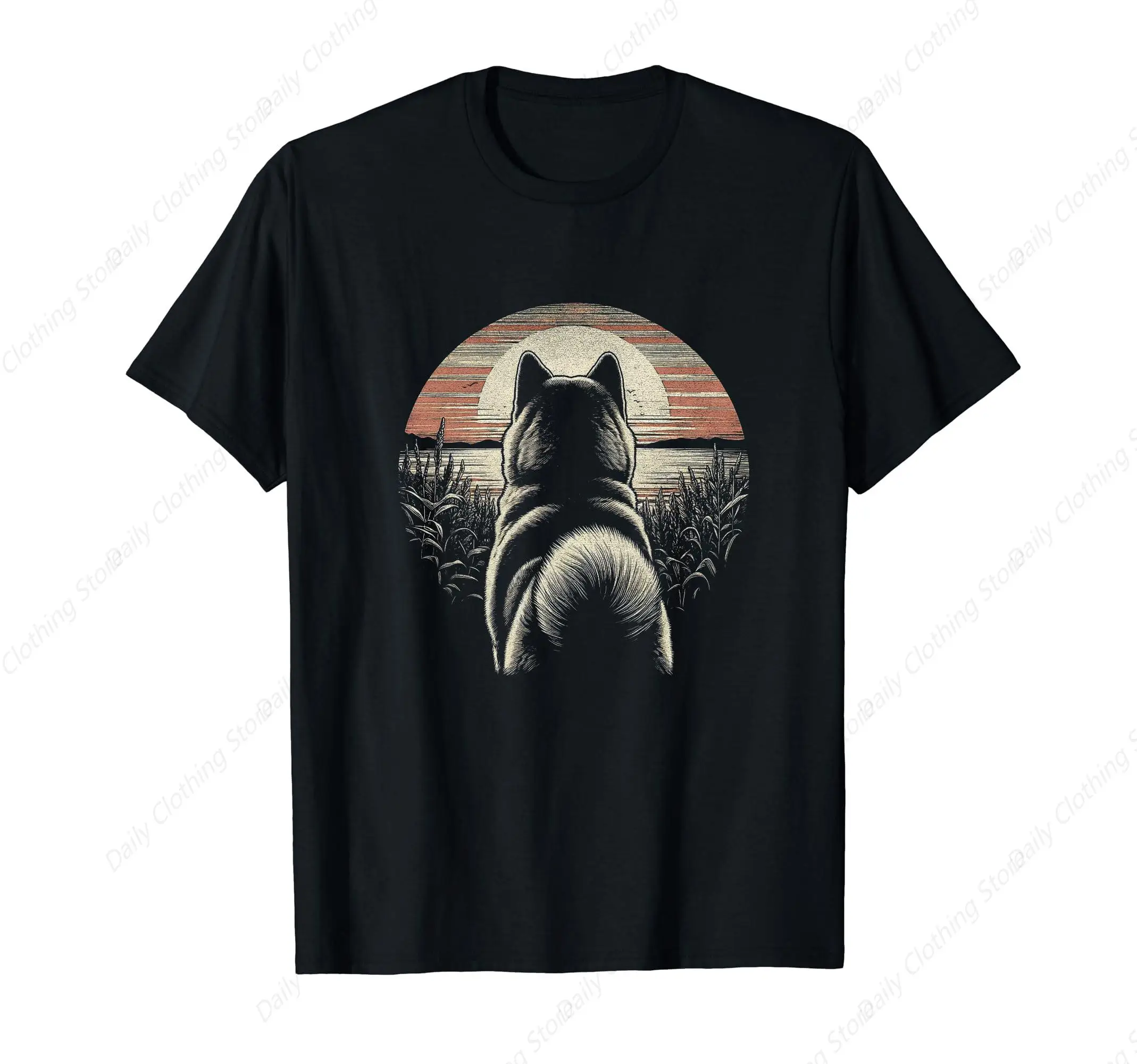 Vintage Akita Dog Retro Sunset Scene Art Design T-Shirt Comfortable Soft Short Sleeves Cotton Clothing Outdoor Leisure Daily Tee