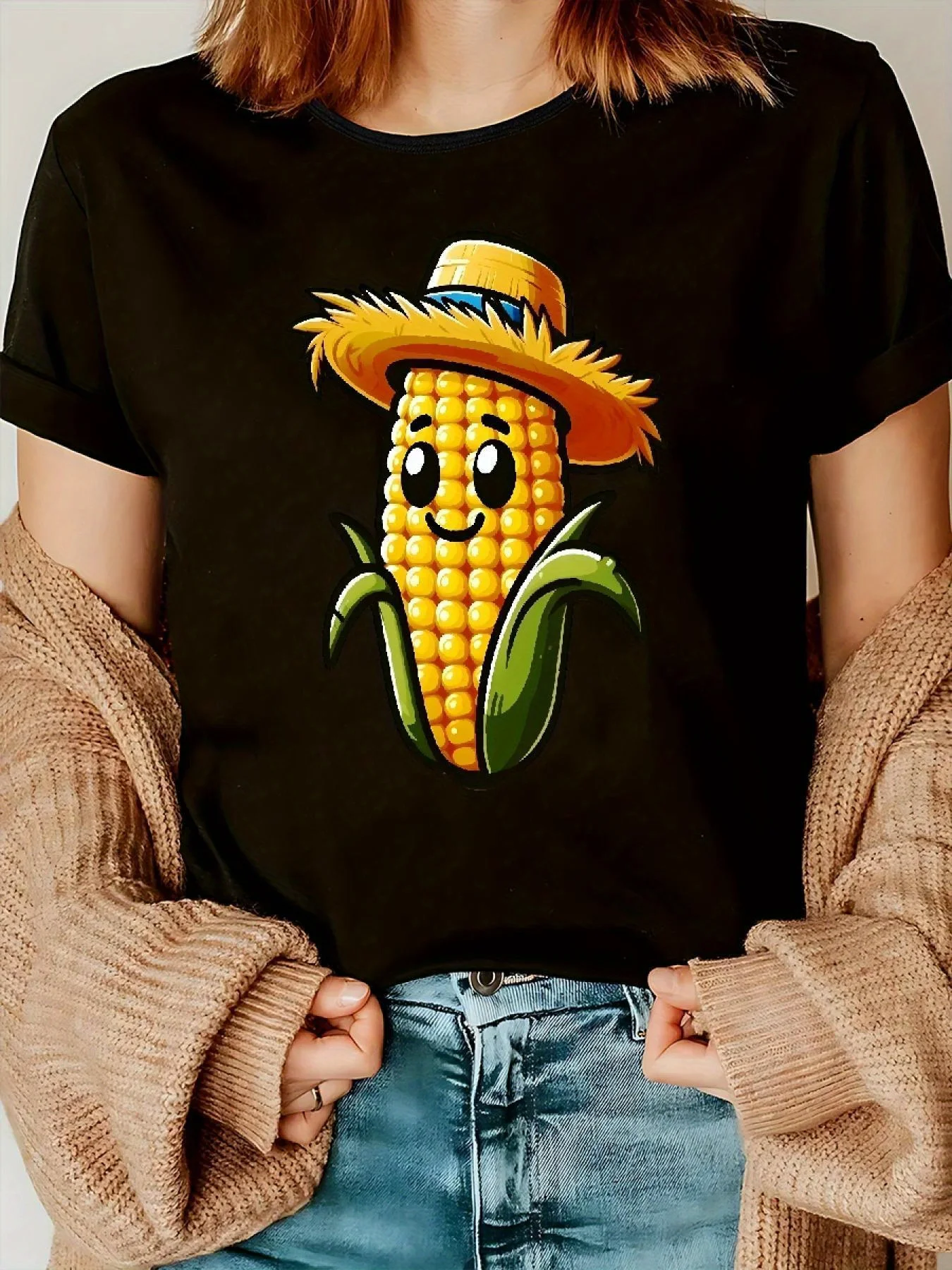Camiseta negra de manga larga con cuello redondo para mujer con estampado de maíz suave y lindo La moda informal diaria