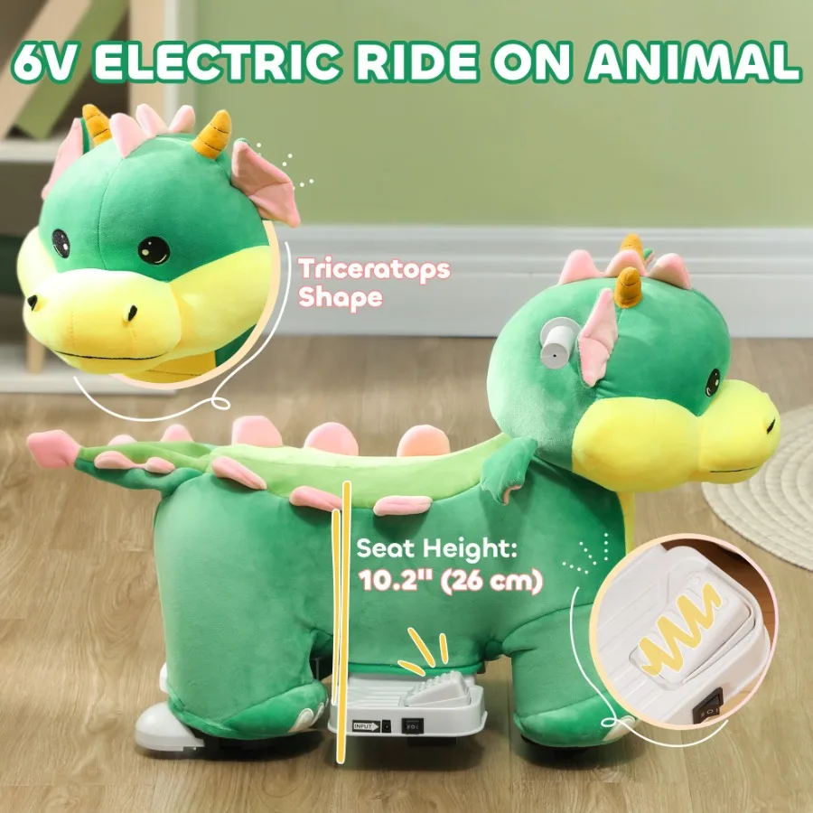 Qaba 6V Ride on Horse Battery Powered Ride on Toy Triceratops Shaped Electric Animal Car with Music Forward PU Wheels for Girls