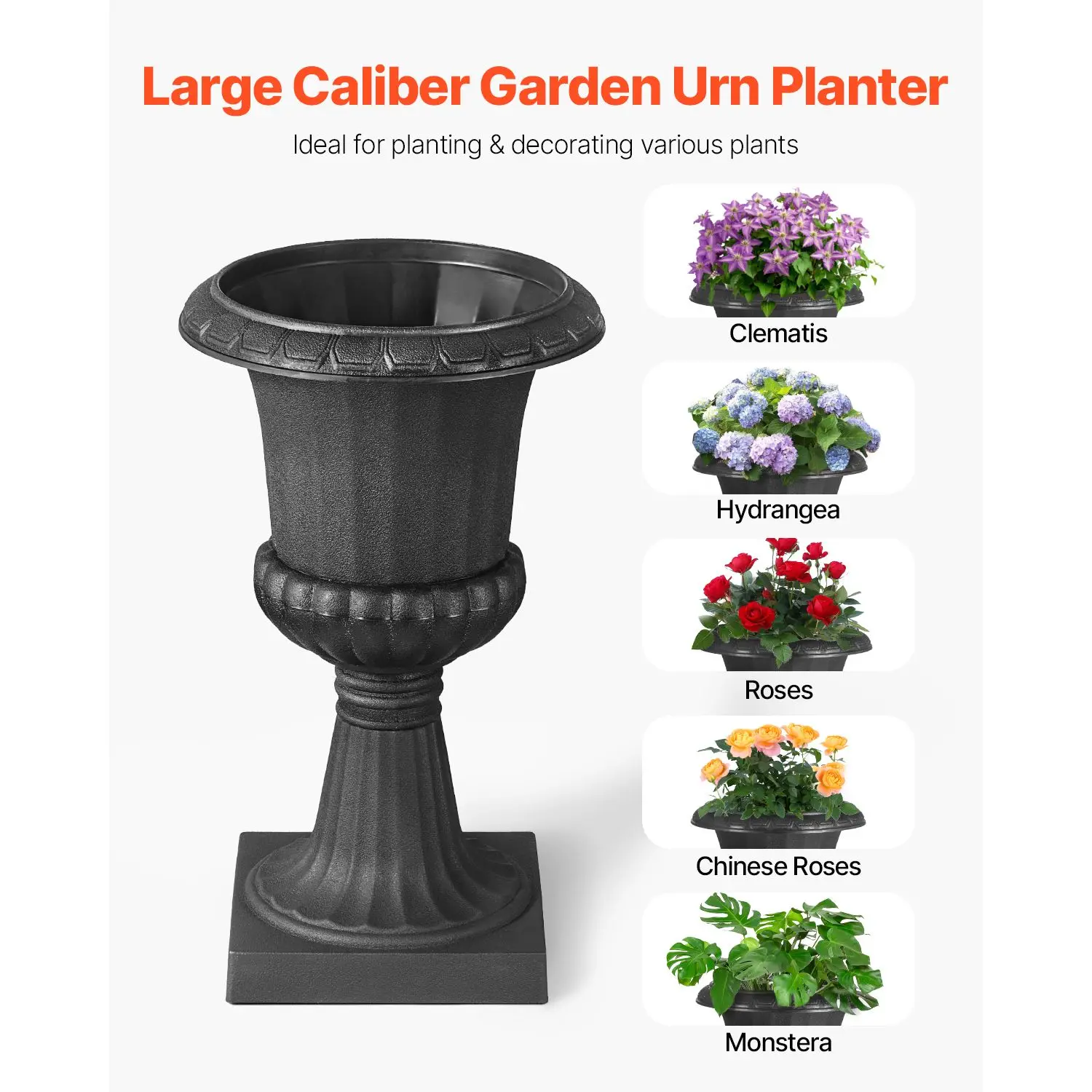 Plastic Urn Planters, 9.8 x 16.5 Inch, 2 Pack Black Classic Flower Pots Front Porch Planters, Indoor & Outdoor Vase for Wedding,