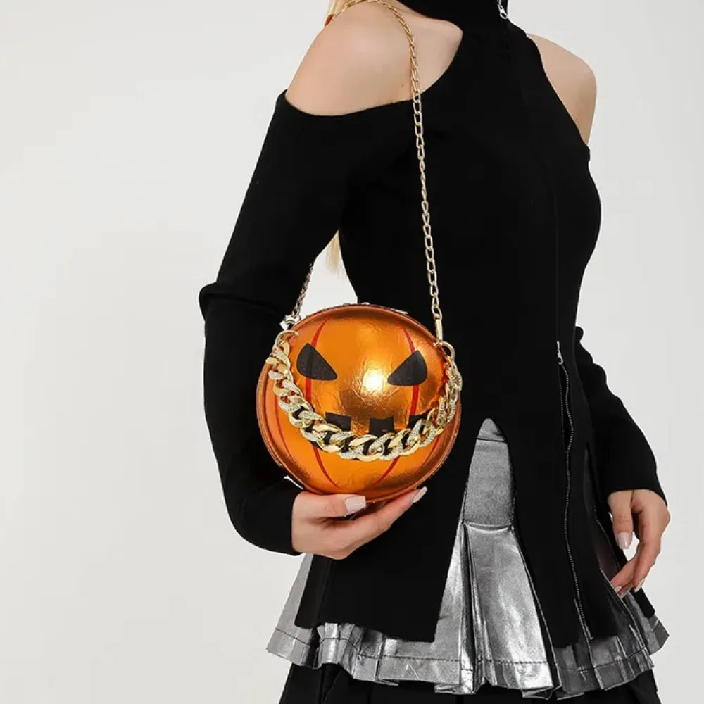 Funny PU Leather Pumpkin Round Bag Alloy 3D Halloween Ball Bag Large Capacity All-Match Ghost Chain Handbag Women