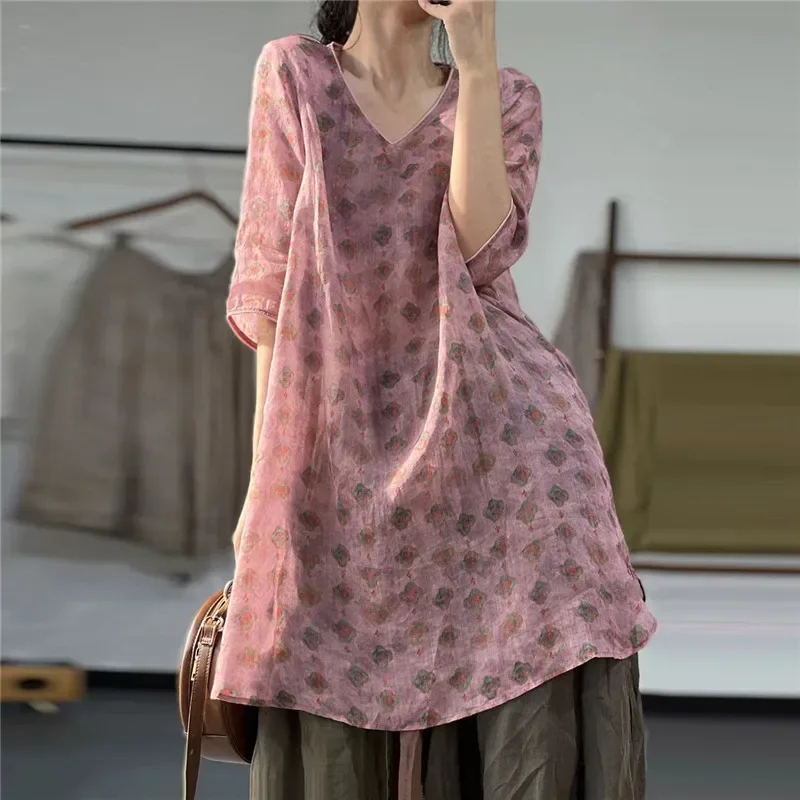 

Limiguyue Summer Literary Retro Women Tops See Through Floral Printed Long Blouses Robe V-neck Causal Thin Ramie Shirts