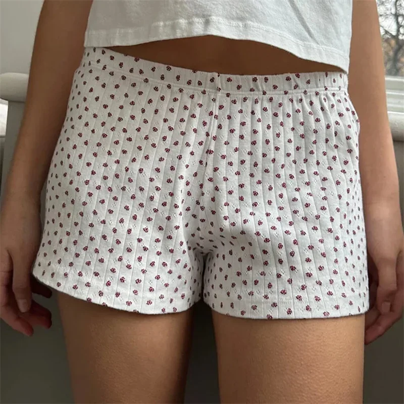 

y2k Lounge Shorts Women Aesthetic Clothing Summer Floral/Heart Print Elastic Low Waist Loose Pajama Sleep Shorts Homewear