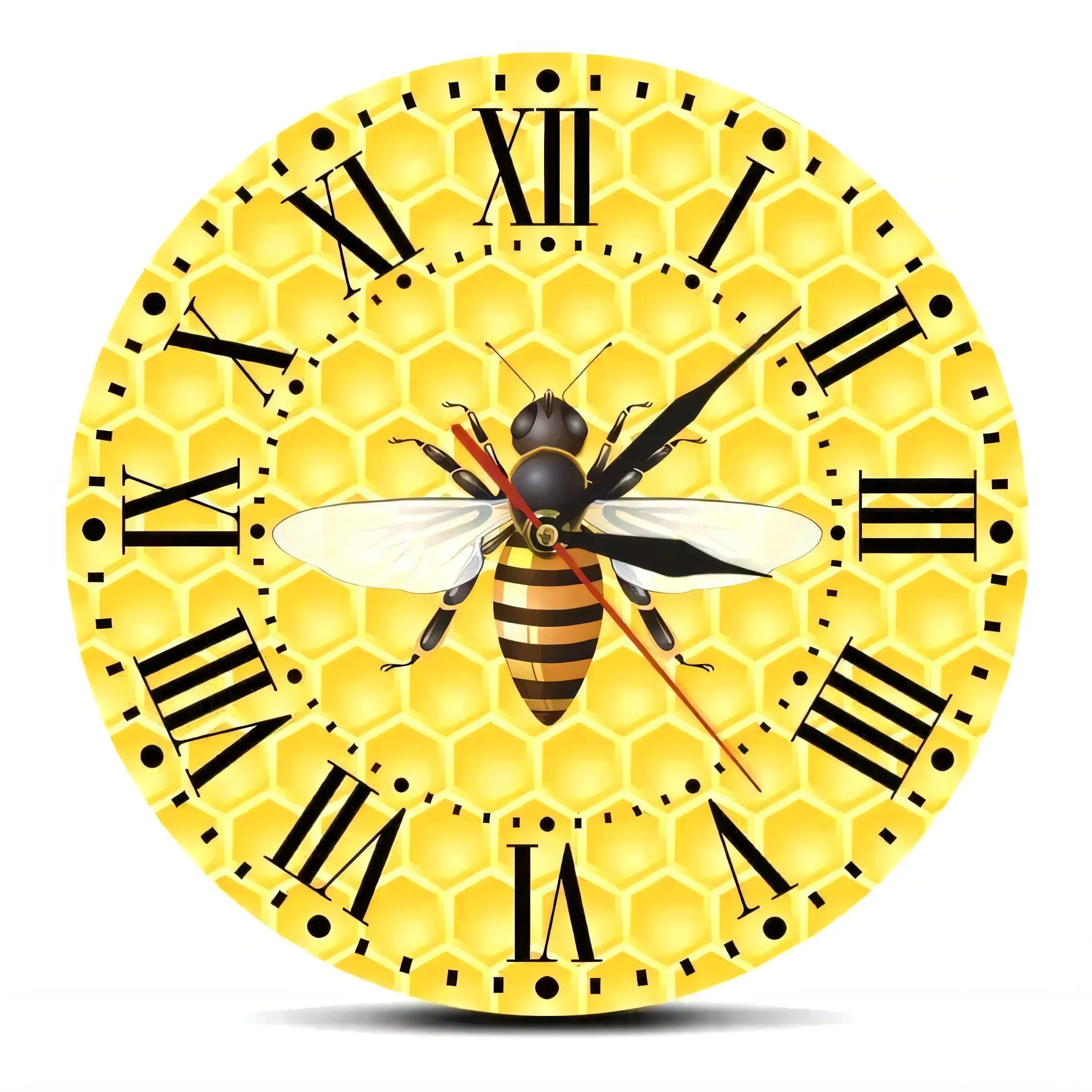 Bee Honeycomb Wall Clock  Round Vintage Home Decor Silent Non Ticking Battery Operated for Kitchen Living Room