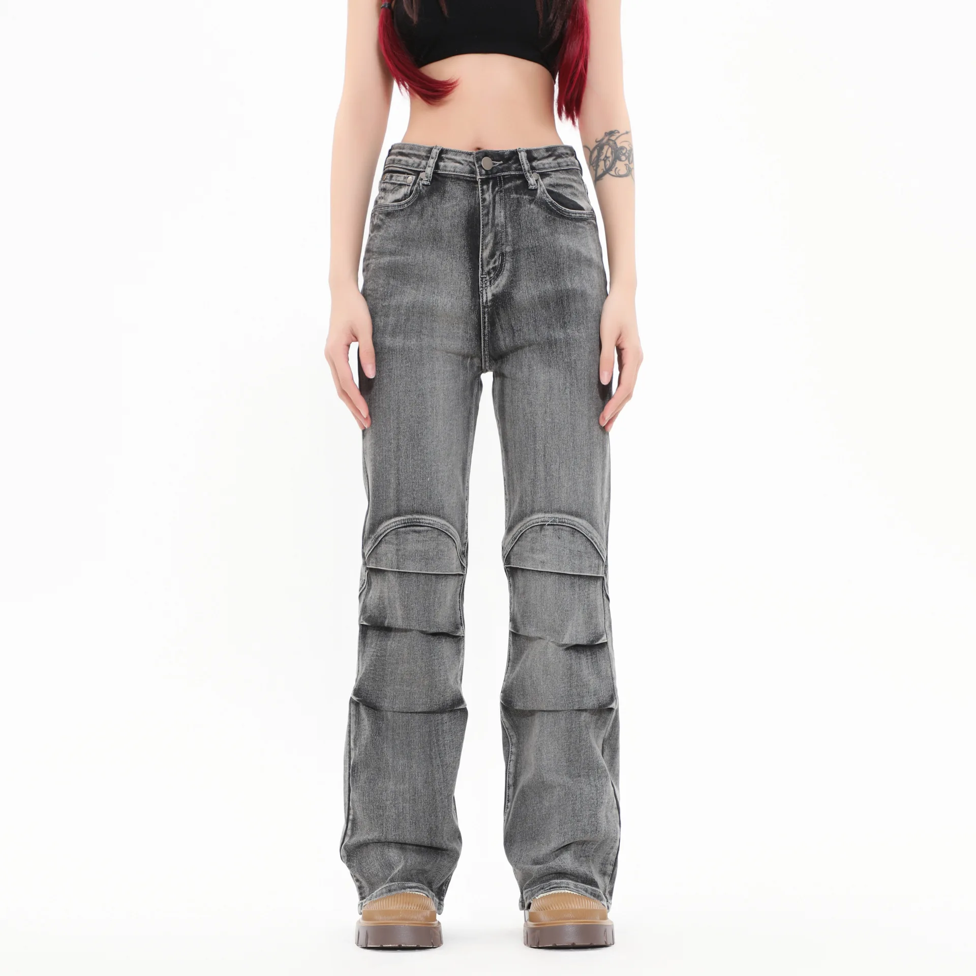 OR FL Women's Wasteland Wind Wash And Age Splicing Cotton Jeans Neutral Fold Design Sense Tapered long Pants Y2k