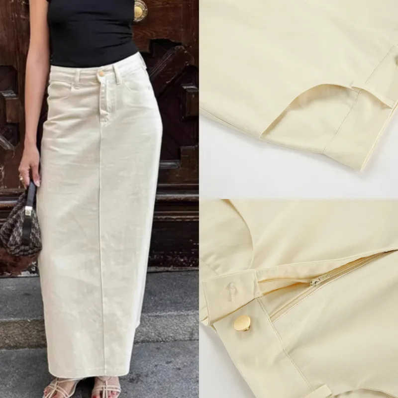 Vintage Beige High Waist Straight Denim Skirt Women Fall Summarize