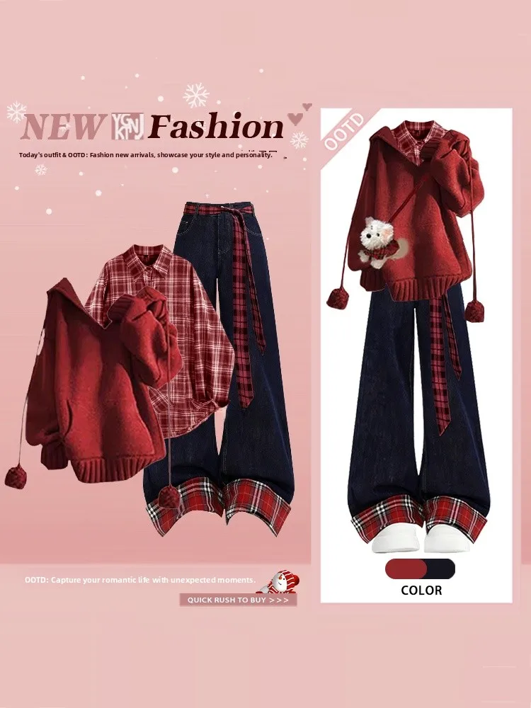

Retro Style Winter Layering Set Women's Hooded Knit Shirt Plaid Patchwork Jeans Anti-Aging Three-Piece Suit Casual Fashion