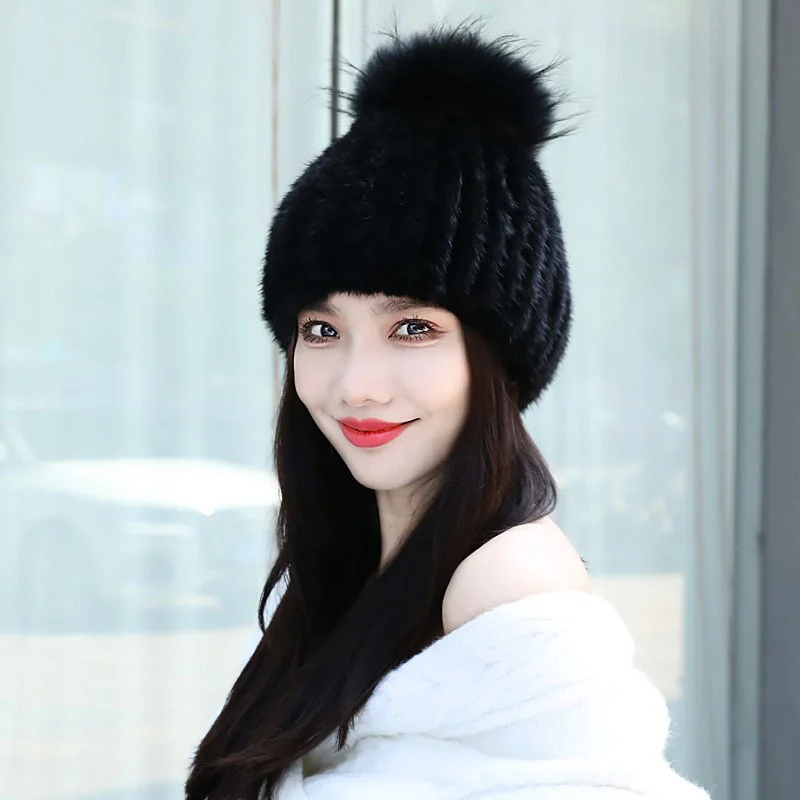 

New Women's Knitted Hat Winter 100% Mink Thickened Elastic Hat Leisure Warmth Ear Protection Wind And Snow Hat 2023