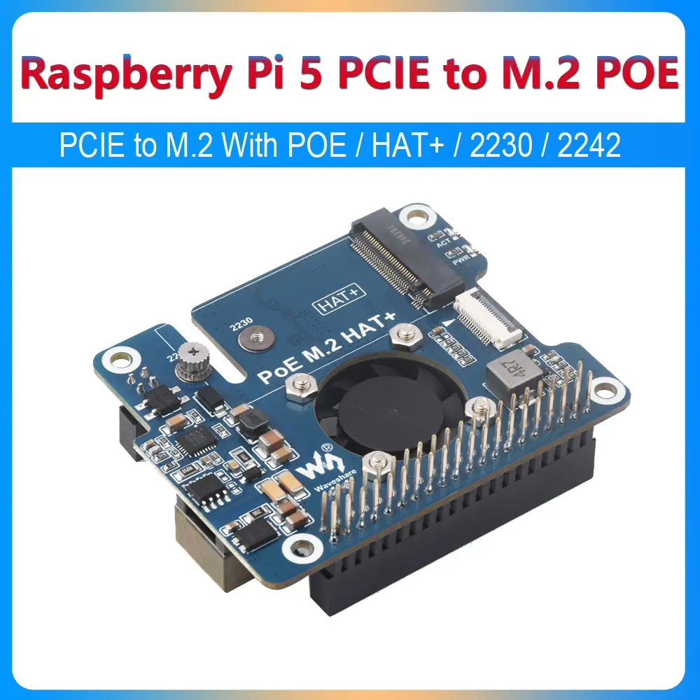 

Raspberry Pi 5 PCIe to POE+ M.2 NVMe SSD Expansion board HAT+ IEEE 802.3af/at Network standard Pi5 2242/2230 Power over Ethernet