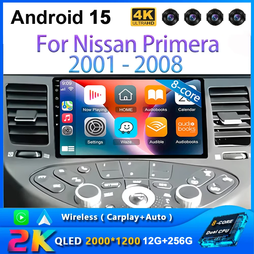 Para nissan primera 2001 - 2008 jogador de navegação tela do carro rádio android 15 automotivo tela multimídia estéreo carplay