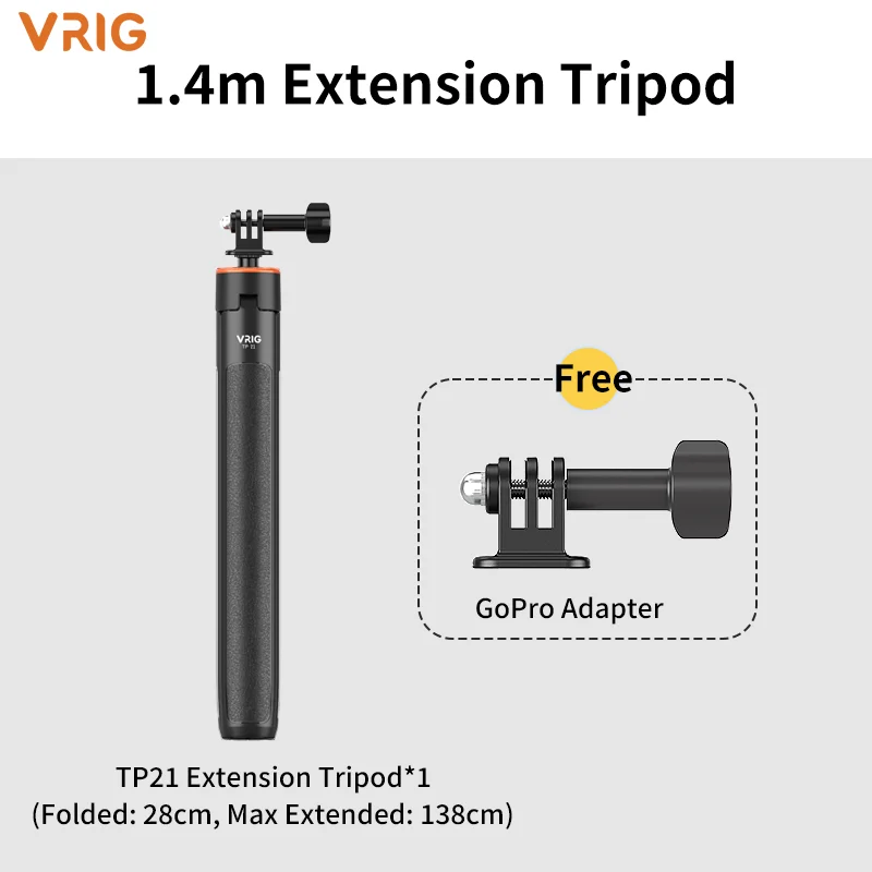 VRIG TP21 actiecamera-selfiestick met statief, 138 cm uitschuifbare aluminium monopod voor GoPro, Insta360 en DJI actiecamera's, vlog-accessoires.