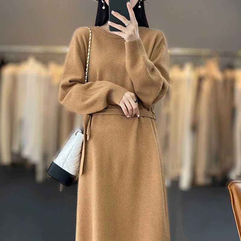 Autumn and Winter New Round Neck Pure Cashmere Knitted Winter Dress Women\'s Length Over The Knee Loose Cashmere Sweater Dress