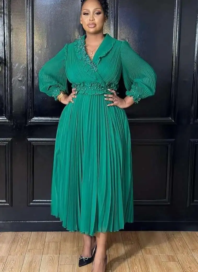 

Платья для матери невесты с V-образным вырезом и кружевной талией, плиссированное длинное платье, элегантное однотонное весенне-летнее шикарное модное платье