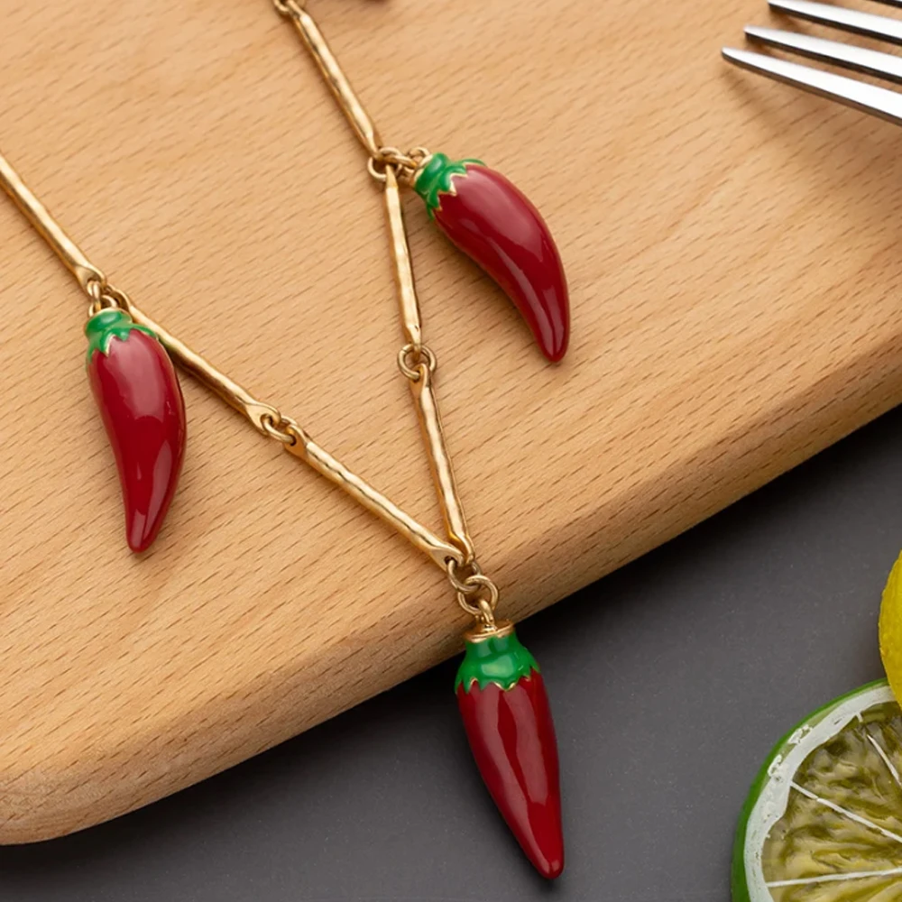 

Red Chilli Pepper Necklace Miami Cuban Link Gold Chunky Chain Large Pendant