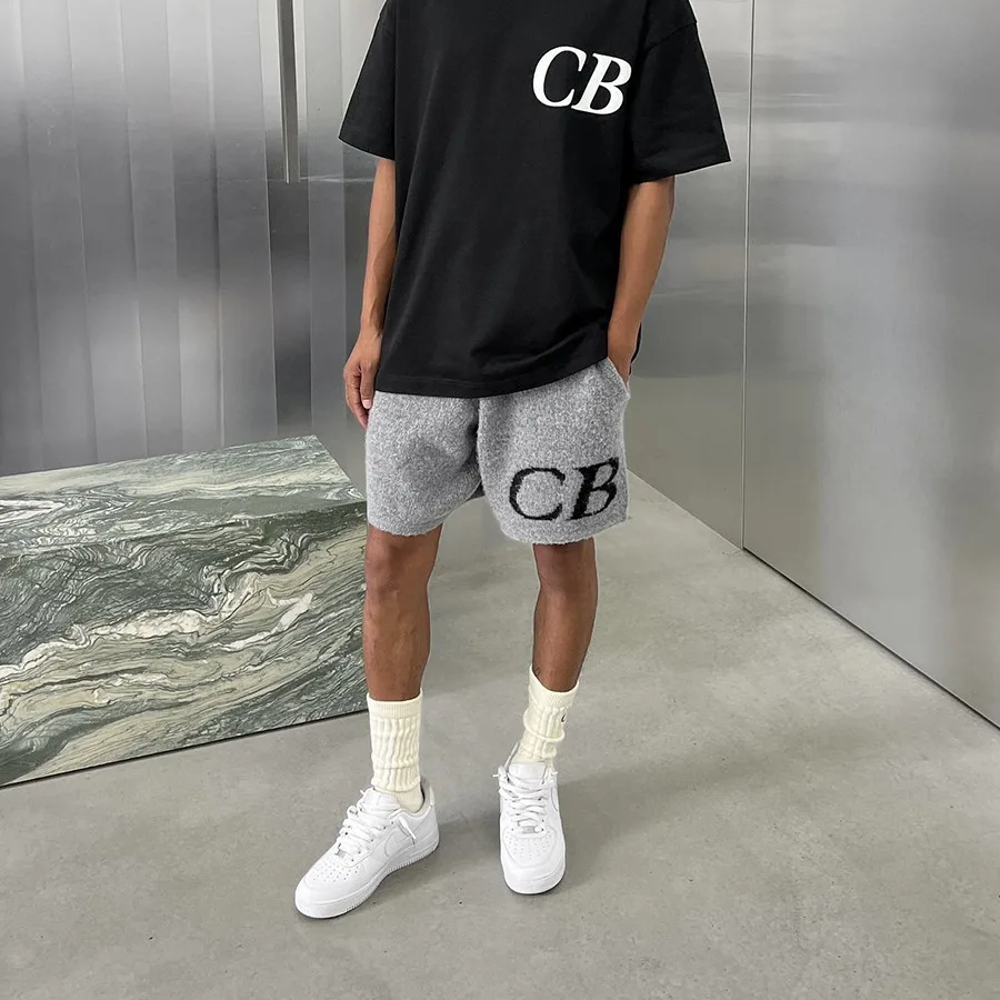 High Street Tide CB letters minimalist logo 2025 jacquard wool drawstring shorts men loose casual knitted pants tide