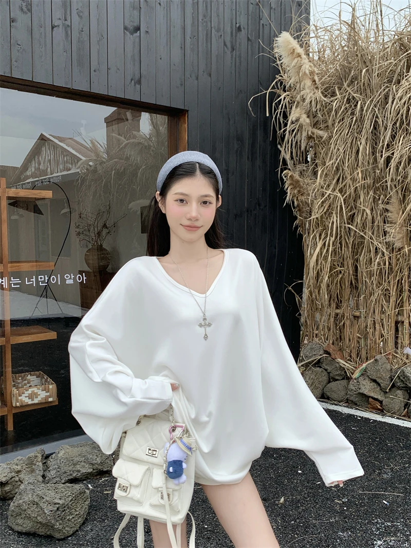 한국 스타일 가을 배트윙 슬리브 스웨트셔츠 레이지 스타일 하이 에너지 루즈 캐주얼 스웨트셔츠 편안한 루즈핏 스트리트웨어