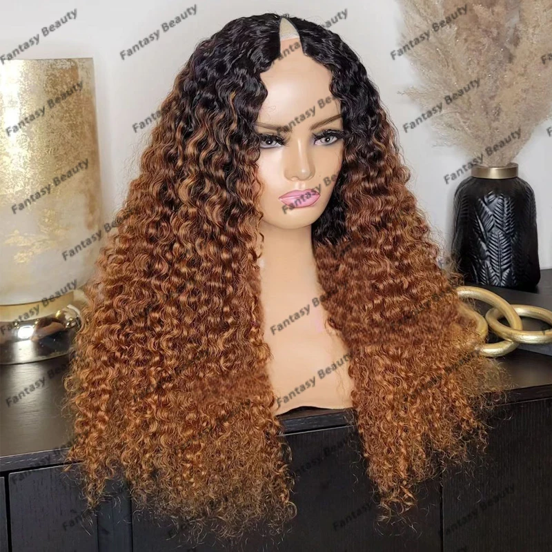 

Afo Kinky Curly Black Women Human Hair Wigs Natural Look Glueless 1x4 Size V Part Wigs Ombre Caramel Brown U Part Wigs 6Clips