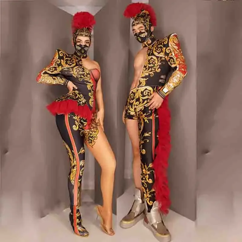 Cosplay Nightclub Singer Dancer Stage Wear Rave Outfits Vintage Print One Shoulder Jumpsuit Men Women Pole Dance Costume