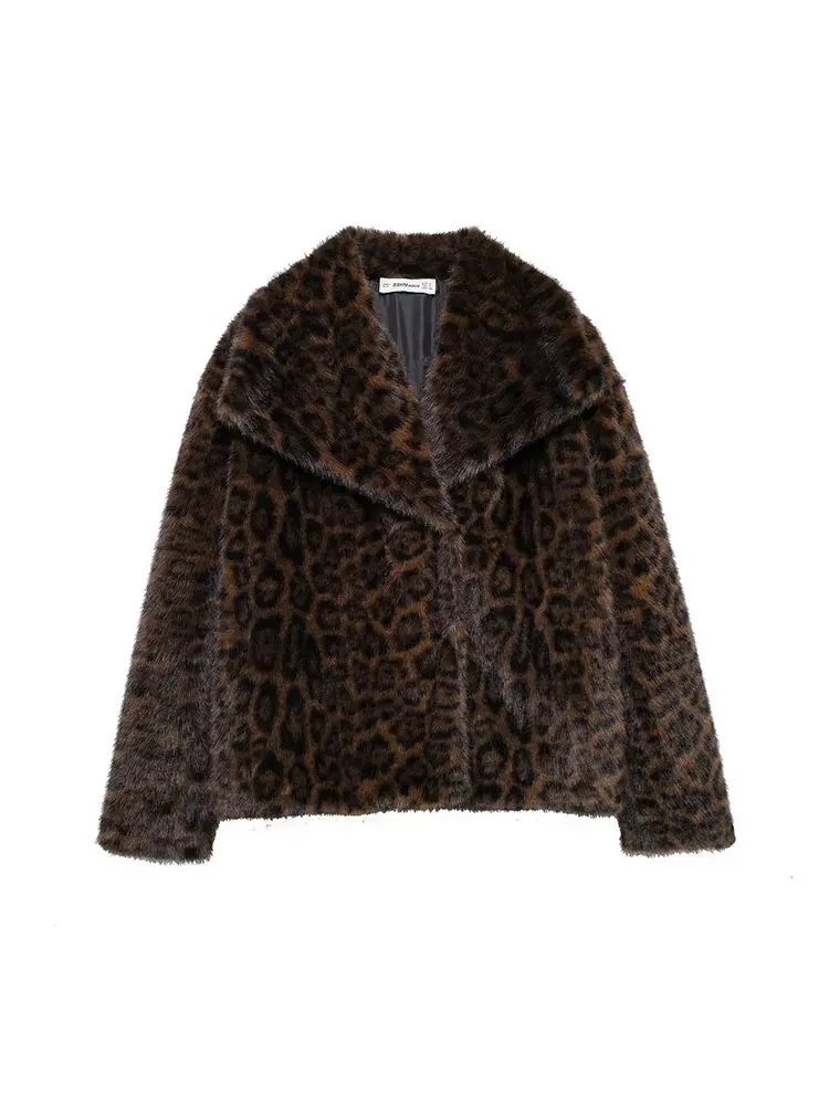 TRAF 2024 Winter Leopard Print Jacket Women Faux Fur Coat Loose Plush Fluffy New Outerwear Long Sleeve Thick Warm Coats