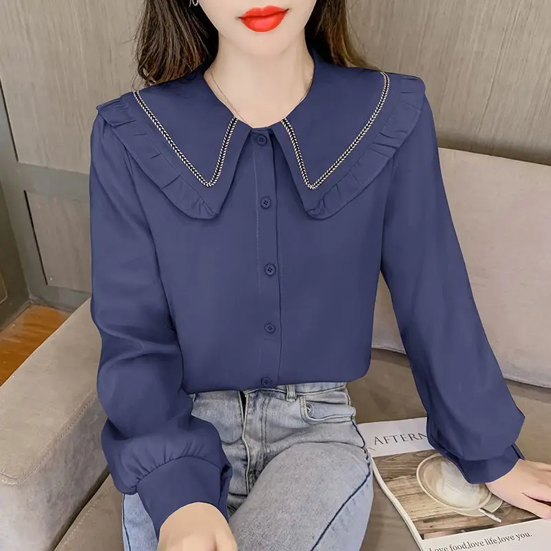 2023 Autumn Women Korean Fashion Elegant Button Shirts Sweet Ruffled Peter Pan Collar Solid Blouses Long Sleeve Chic Tops Blusa